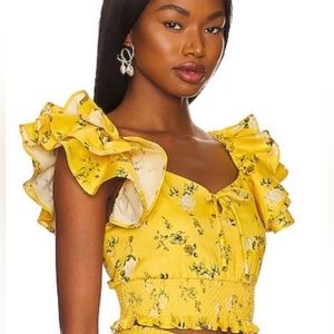 New Alice + Olivia Shanae Floral Ruffle Crop Top Womens Yellow